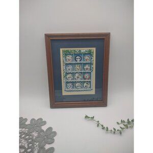 Vintage Print of Tea Cup Collection on Shelf in Wood Frame, Jan Jameson Signed